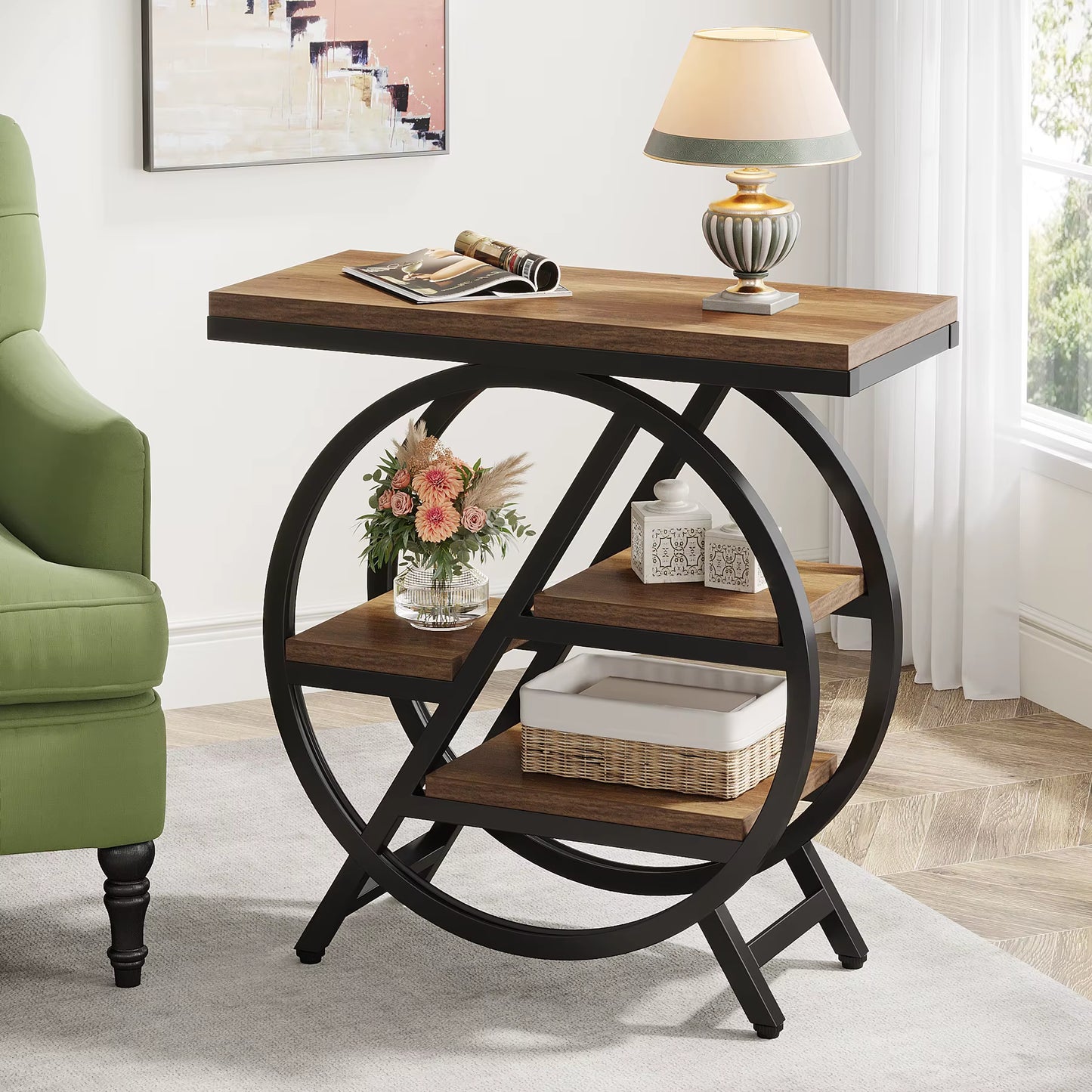 End Table for Living Room, 3-Tier Narrow Side Table with Storage, Wood Sofa Side Table with Geometric Metal Frame
