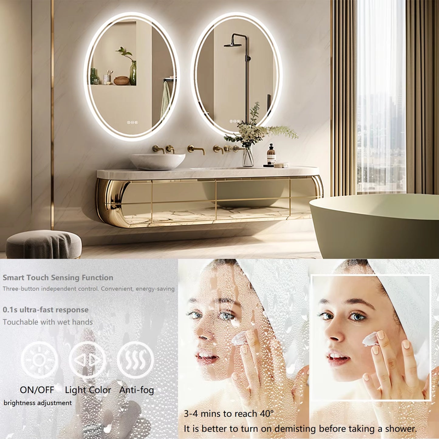LED Bathroom Mirror Backlit round Vanity Mirror with Lights Wall Mounted Anti-Fog Lighted Bathroom Mirror Dimmable Makeup Mirror