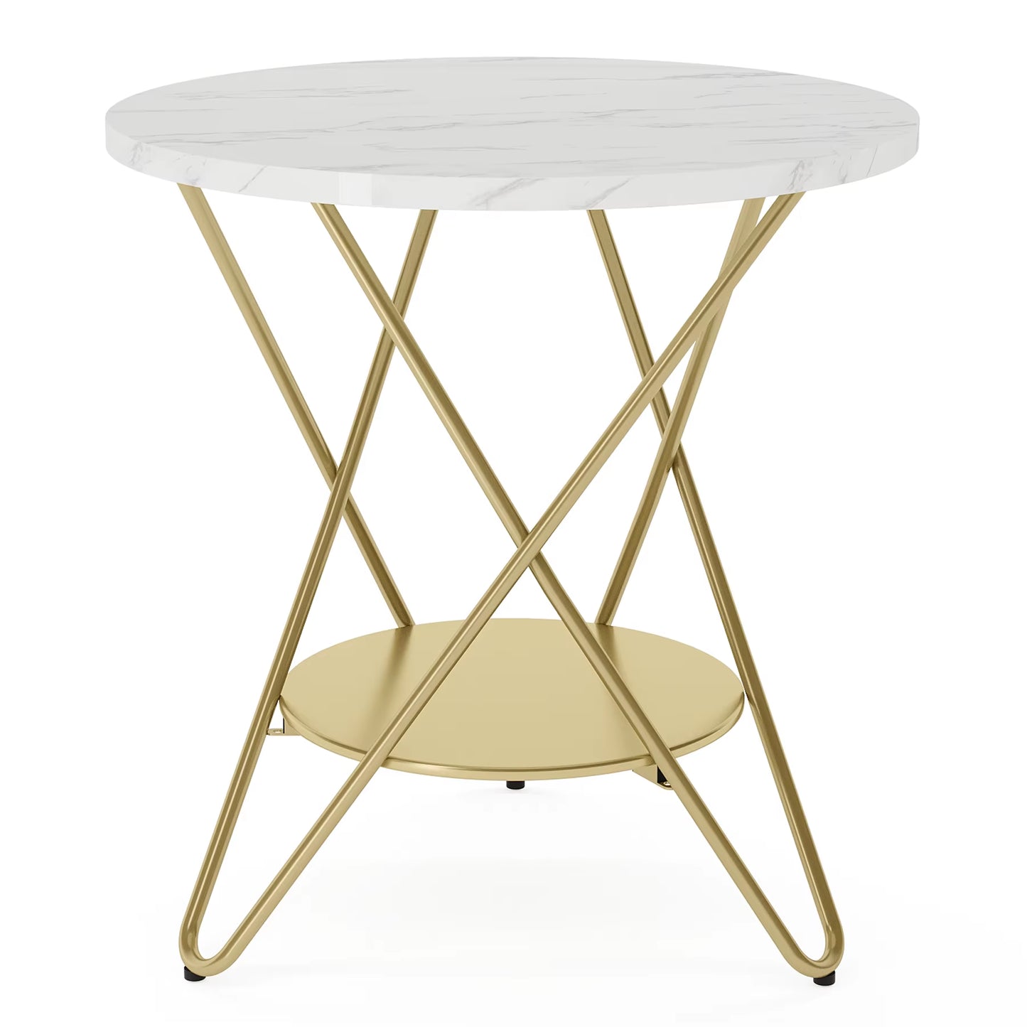 2 Tier Faux Marble End Table round Side Table with Shelves Small Coffee Accent Table for Living Room, White and Gold