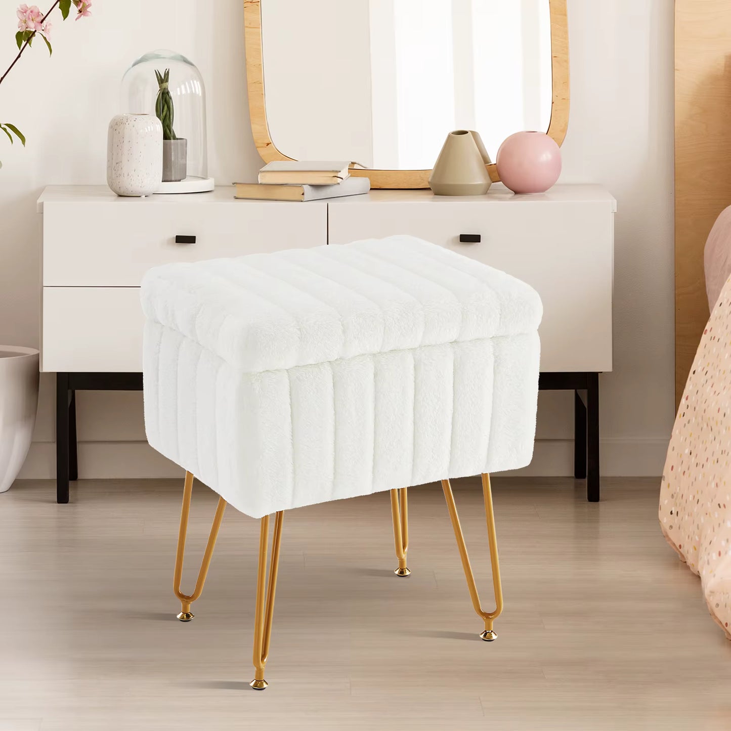 Faux Fur Living Room Hidden Storage Stools & Ottomans Padded Makeup with 4 Metal Legs Anti-Slip Adjustable Feet for Home