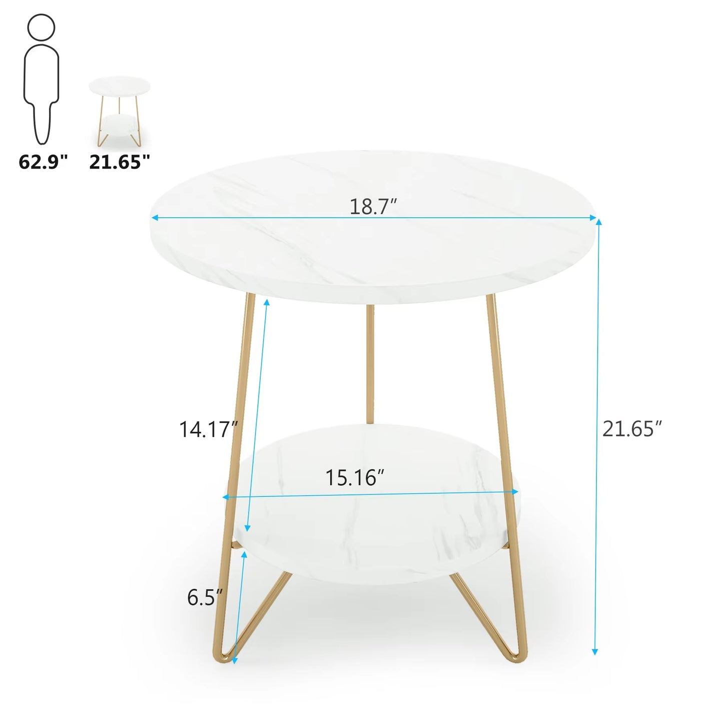 2 Tier Faux Marble End Table round Side Table with Shelves Small Coffee Accent Table for Living Room, White and Gold