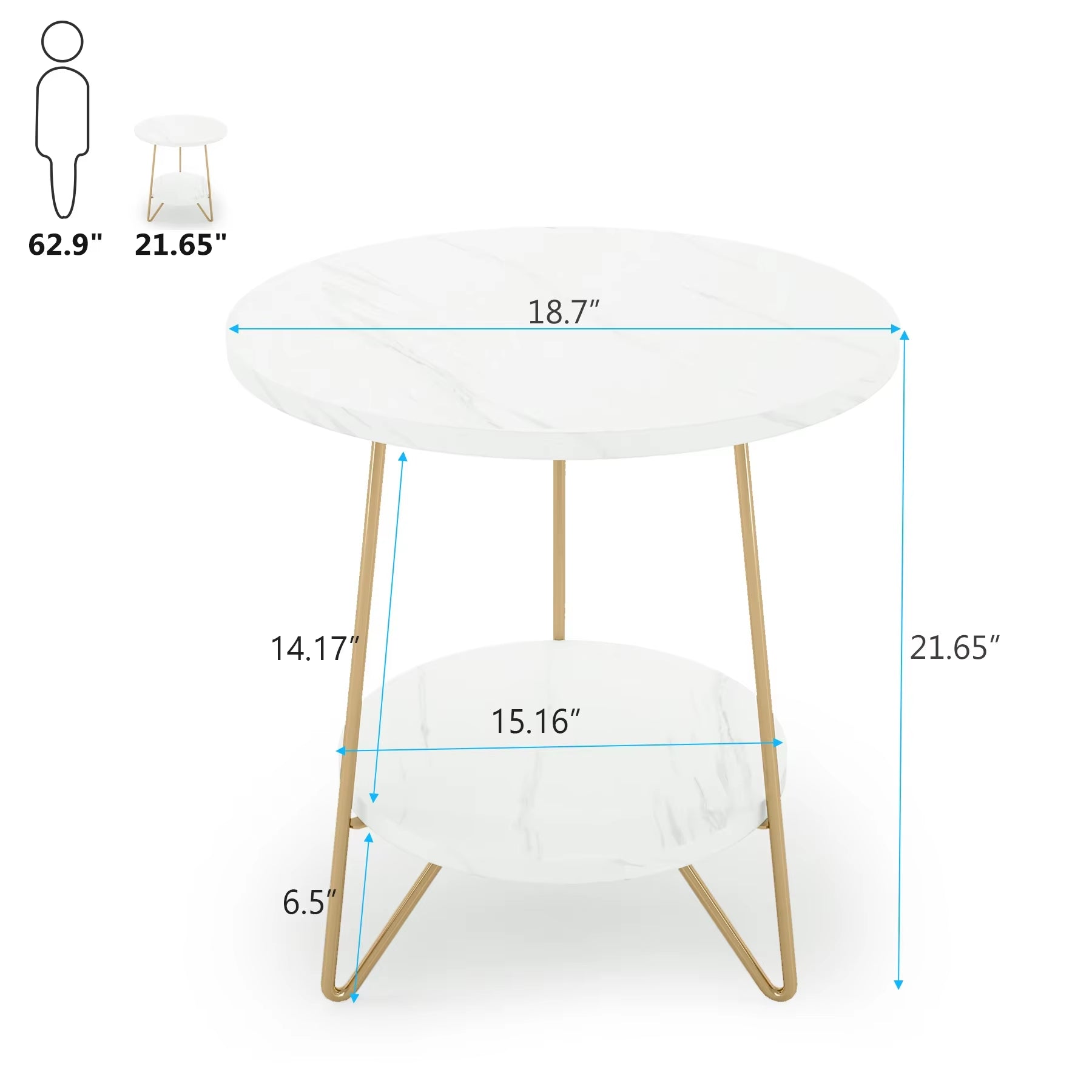2 Tier Faux Marble End Table round Side Table with Shelves Small Coffee Accent Table for Living Room, White and Gold