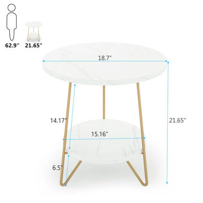 2 Tier Faux Marble End Table round Side Table with Shelves Small Coffee Accent Table for Living Room, White and Gold