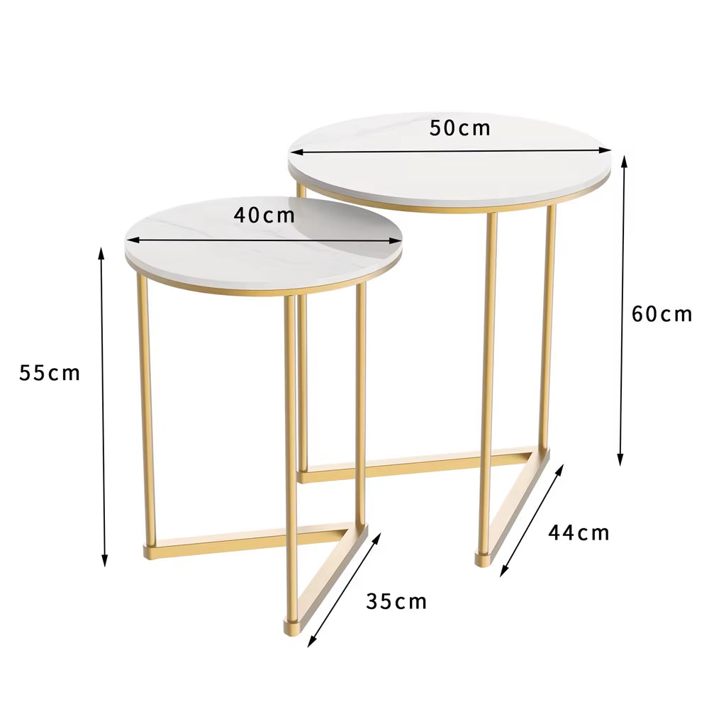Modern round Marble Metal Base Nesting Set Side Accent Table Living Room Storage Small End Table, Set of 2, Marble and Gold