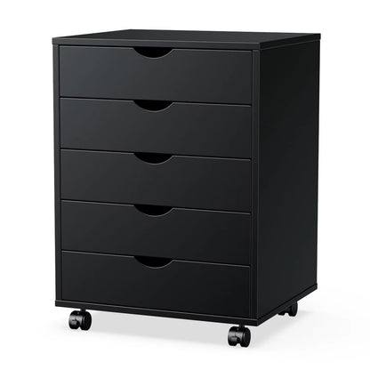 Wood Nightstand Cabinet 5 Drawers Waterproof Surface Storage Organizer File Office Easy to Move Bedside Table Rotating Wheel