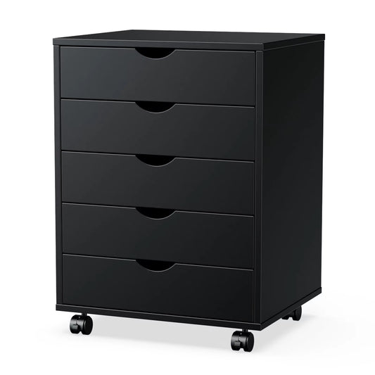 Wood Nightstand Cabinet 5 Drawers Waterproof Surface Storage Organizer File Office Easy to Move Bedside Table Rotating Wheel