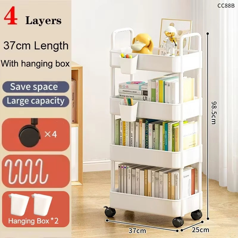 Bookshelf Storage Trolley Mobile Kitchen Organizer Cart with Wheels save Space Household Shelves Bedroom Snacks Storage Rack