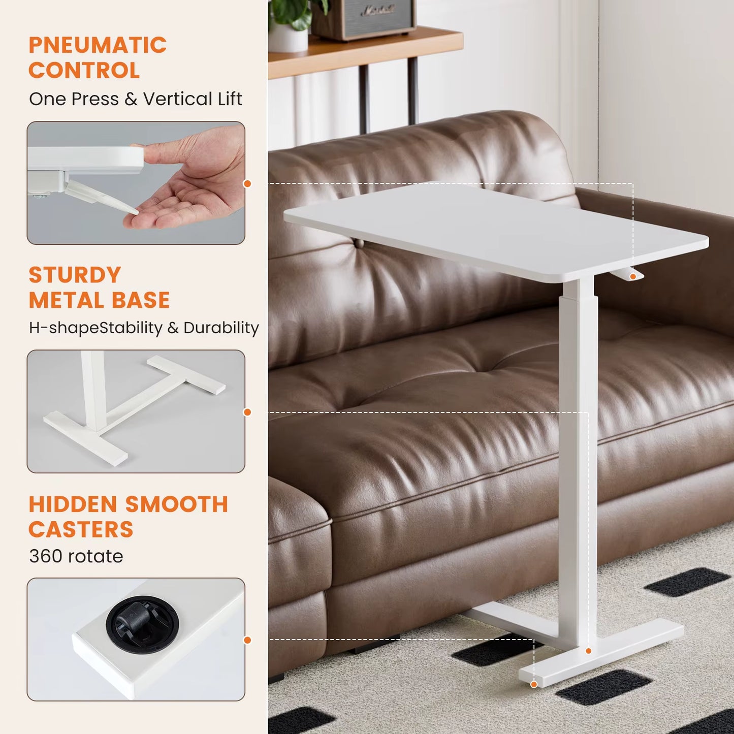 Overbed Bedside Sofa Table with Hidden Wheels Adjustable Height Home Use Bed Table Laptop Mobile Standing Desk for Bedroom