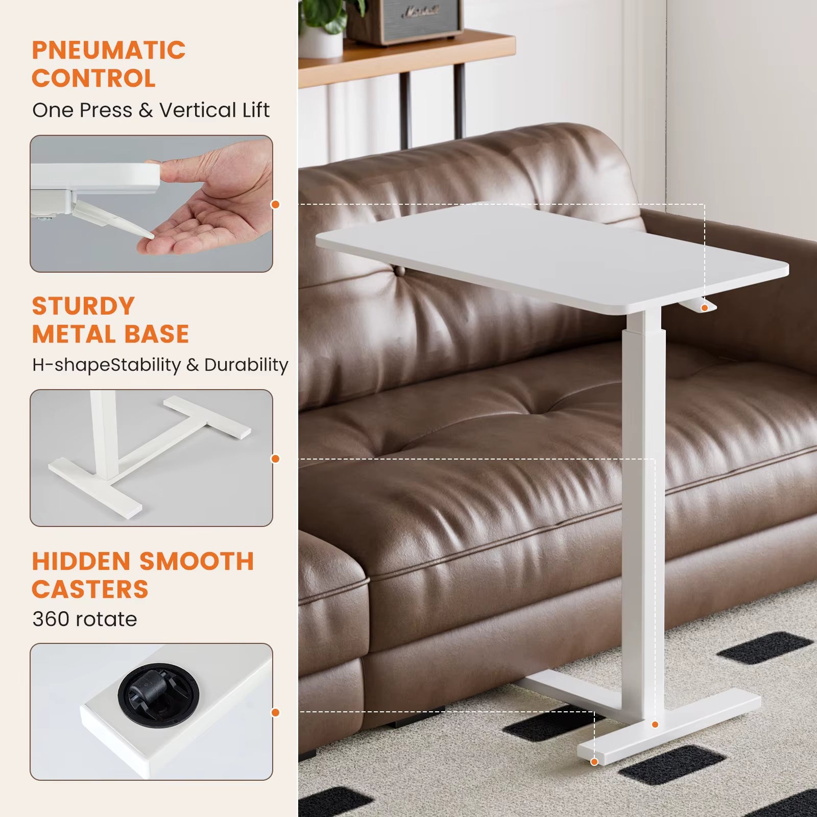 Overbed Bedside Sofa Table with Hidden Wheels Adjustable Height Home Use Bed Table Laptop Mobile Standing Desk for Bedroom