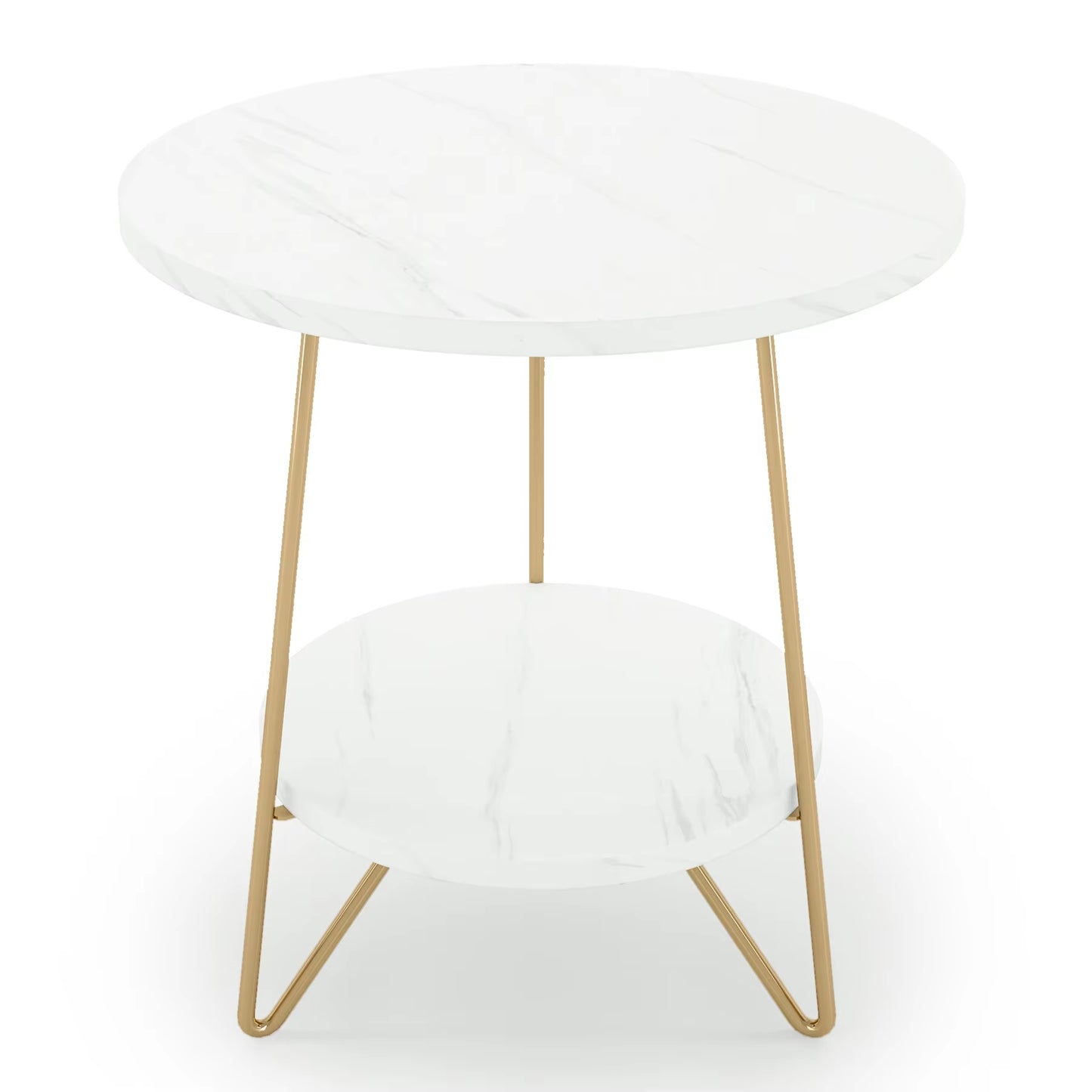 2 Tier Faux Marble End Table round Side Table with Shelves Small Coffee Accent Table for Living Room, White and Gold