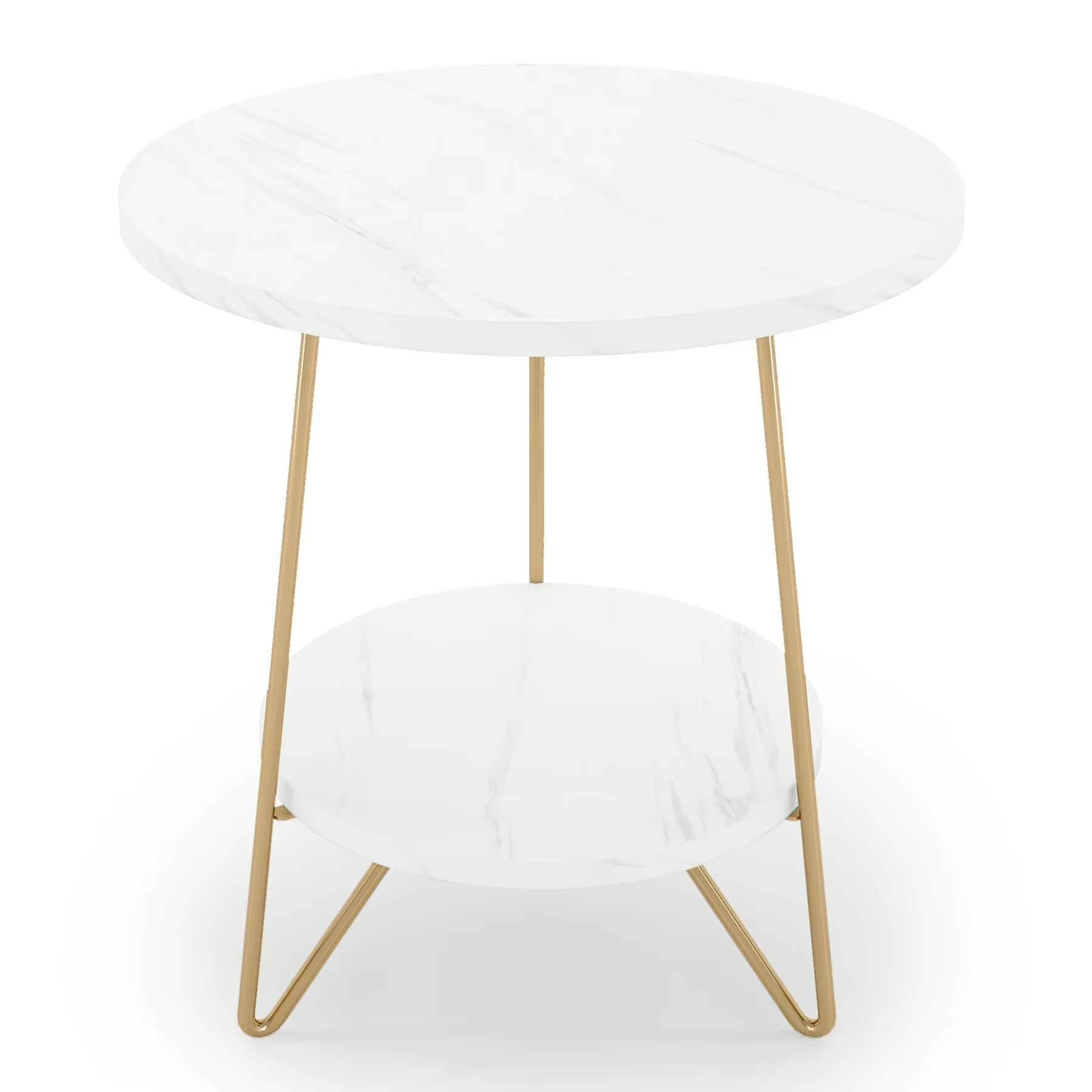 2 Tier Faux Marble End Table round Side Table with Shelves Small Coffee Accent Table for Living Room, White and Gold