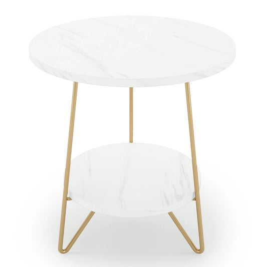 2 Tier Faux Marble End Table round Side Table with Shelves Small Coffee Accent Table for Living Room, White and Gold