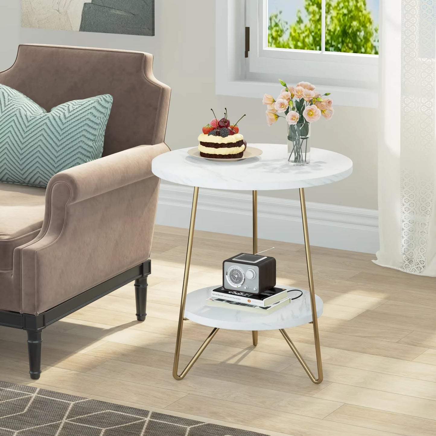 2 Tier Faux Marble End Table round Side Table with Shelves Small Coffee Accent Table for Living Room, White and Gold