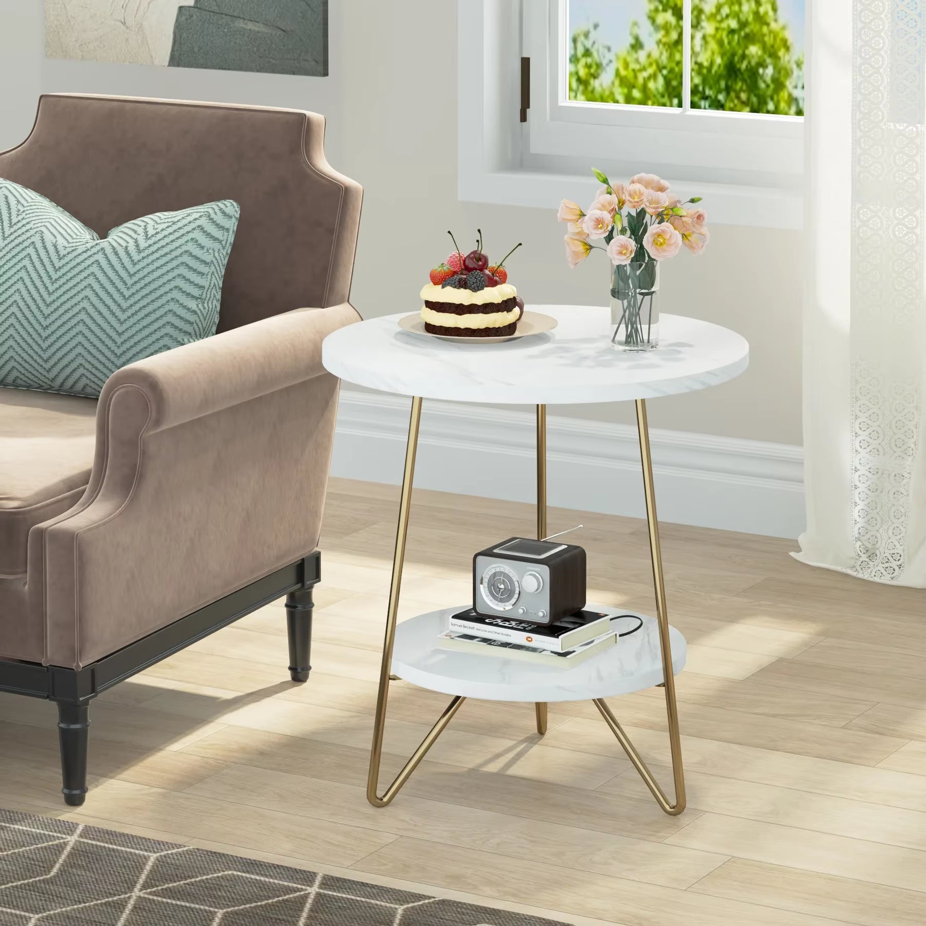 2 Tier Faux Marble End Table round Side Table with Shelves Small Coffee Accent Table for Living Room, White and Gold