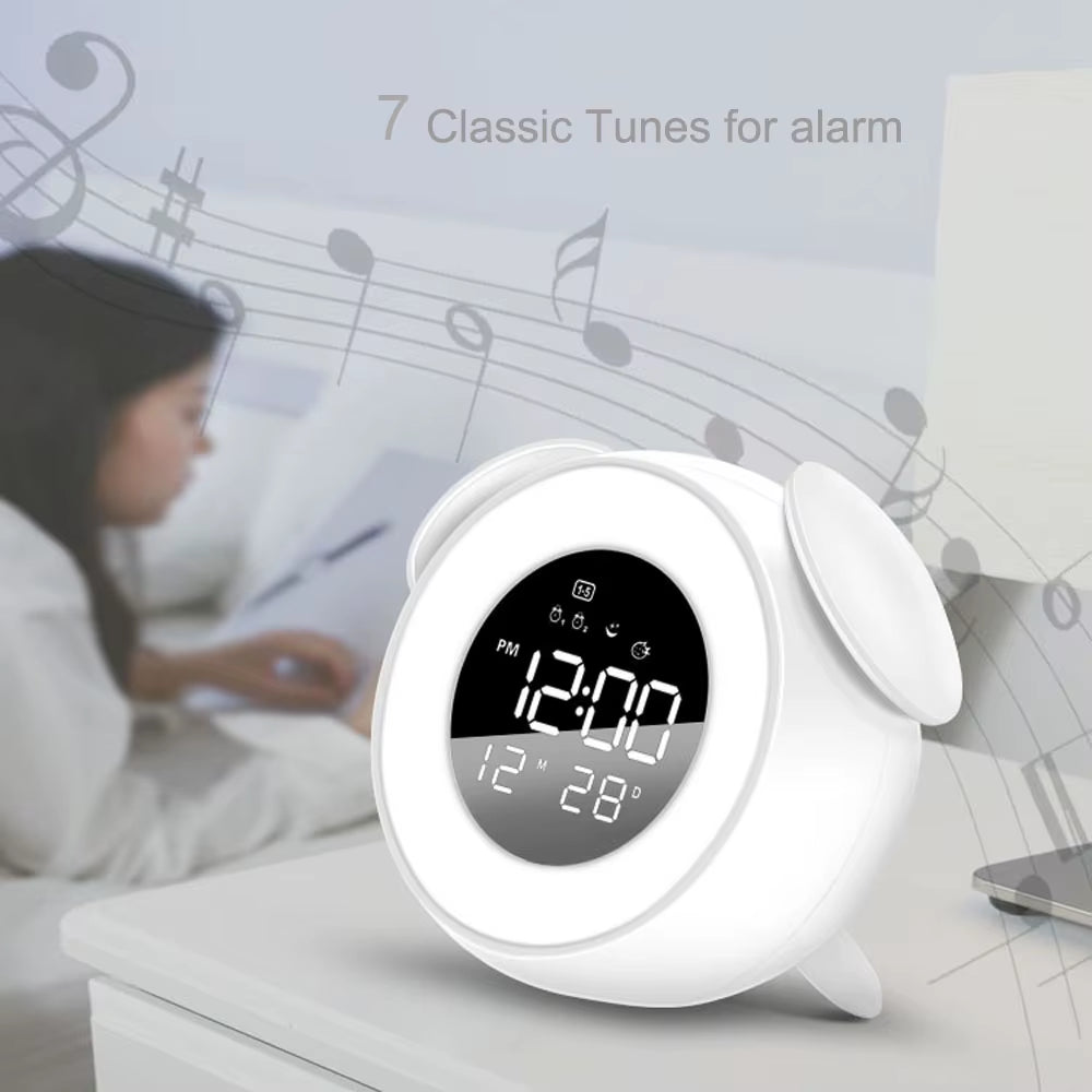 Rechargeable Awakening Digital Alarm Clock with Sunrise Sunset Light Simulation and Colorful Atmosphere LED Lighting Effects