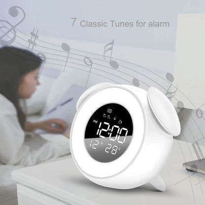 Rechargeable Awakening Digital Alarm Clock with Sunrise Sunset Light Simulation and Colorful Atmosphere LED Lighting Effects