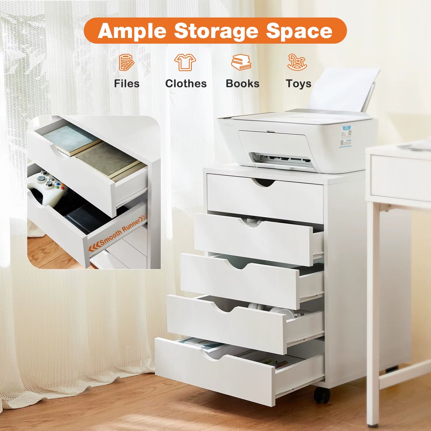 Wood Nightstand Cabinet 5 Drawers Waterproof Surface Storage Organizer File Office Easy to Move Bedside Table Rotating Wheel