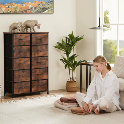 Bedside Table for Bedroom with 10 Fabric Drawers Wardrobe Steel Frame Closet for Storage Cabinet Living Room of Furniture