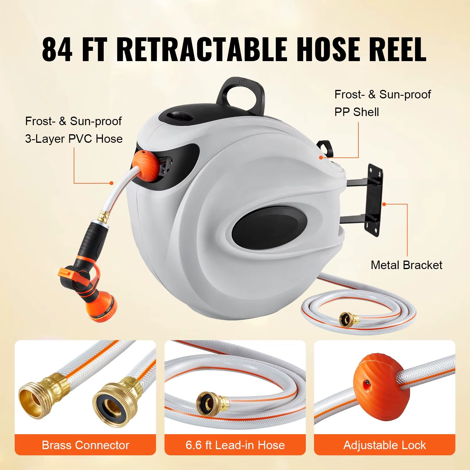 Succebuy Retractable Hose Reel 180° Swivel Bracket Wall-Mounted Garden Water Hose Reel with 9-Pattern Nozzle Automatic Rewind
