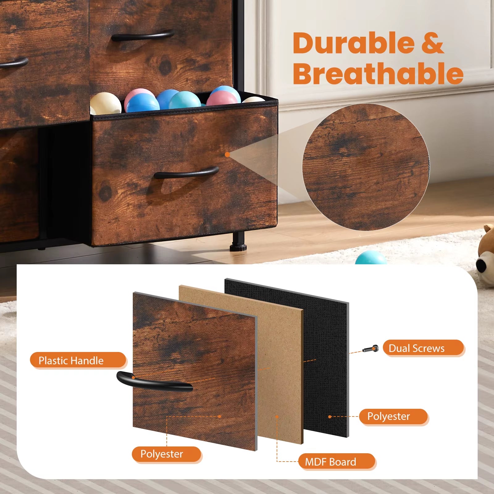 Bedside Table for Bedroom with 10 Fabric Drawers Wardrobe Steel Frame Closet for Storage Cabinet Living Room of Furniture