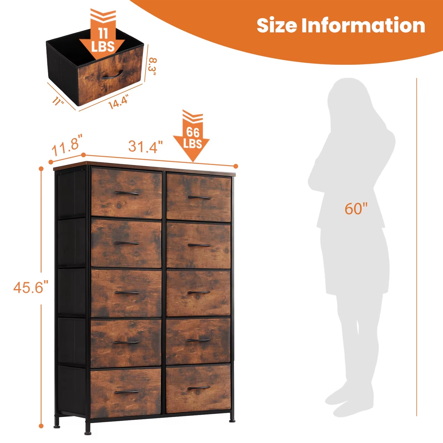 Bedside Table for Bedroom with 10 Fabric Drawers Wardrobe Steel Frame Closet for Storage Cabinet Living Room of Furniture