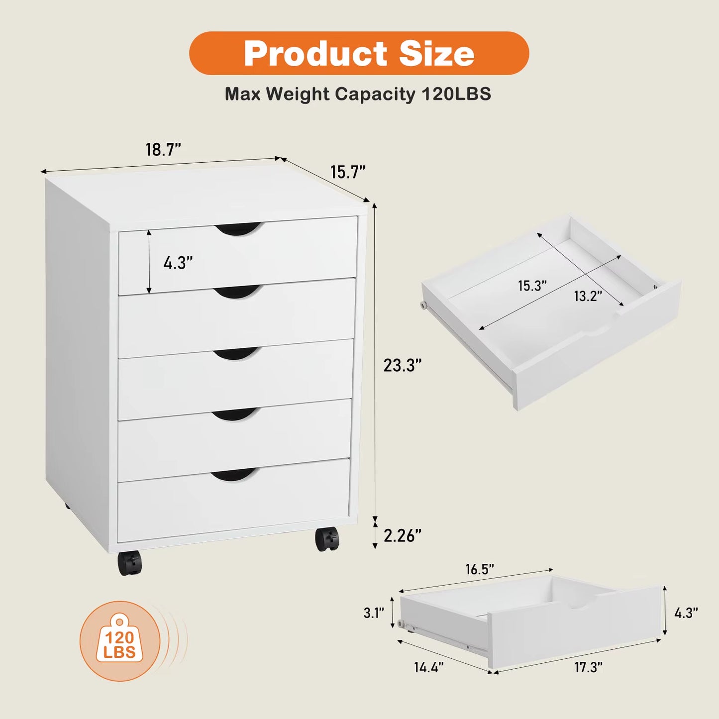 Wood Nightstand Cabinet 5 Drawers Waterproof Surface Storage Organizer File Office Easy to Move Bedside Table Rotating Wheel