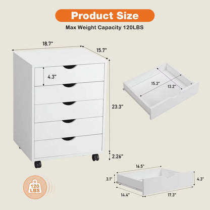 Wood Nightstand Cabinet 5 Drawers Waterproof Surface Storage Organizer File Office Easy to Move Bedside Table Rotating Wheel