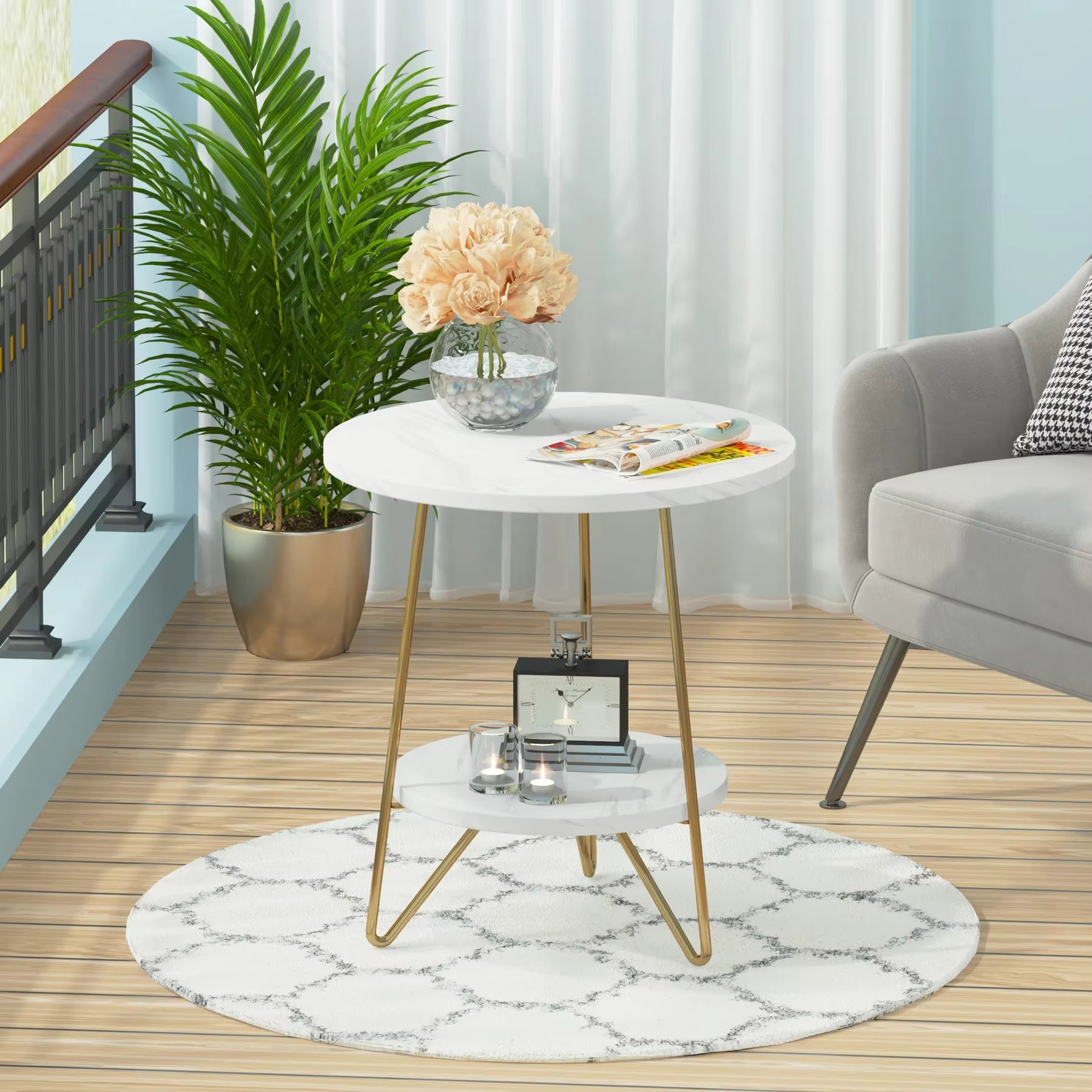 2 Tier Faux Marble End Table round Side Table with Shelves Small Coffee Accent Table for Living Room, White and Gold