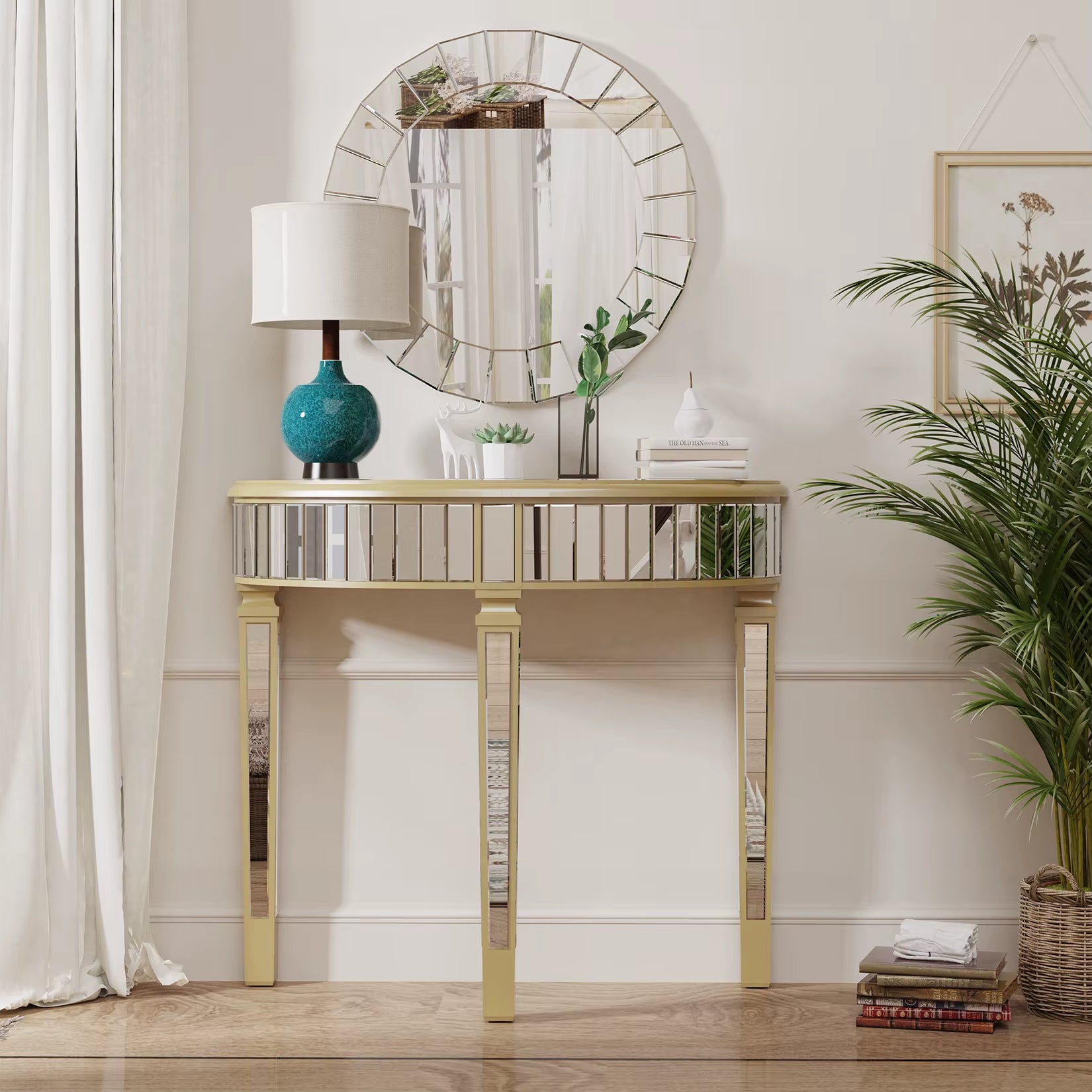 Half Moon Console Table Modern Silver Mirrored Living Room Console Entryway Table