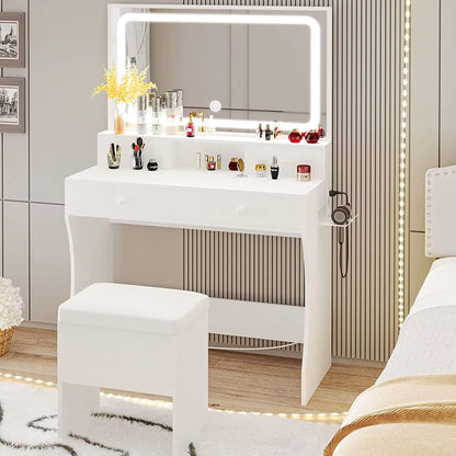 Vanity Desk with LED Lighted Mirror & Power Outlet, Dressing Makeup Table Set with Storage Stool and Hair Dryer Stand