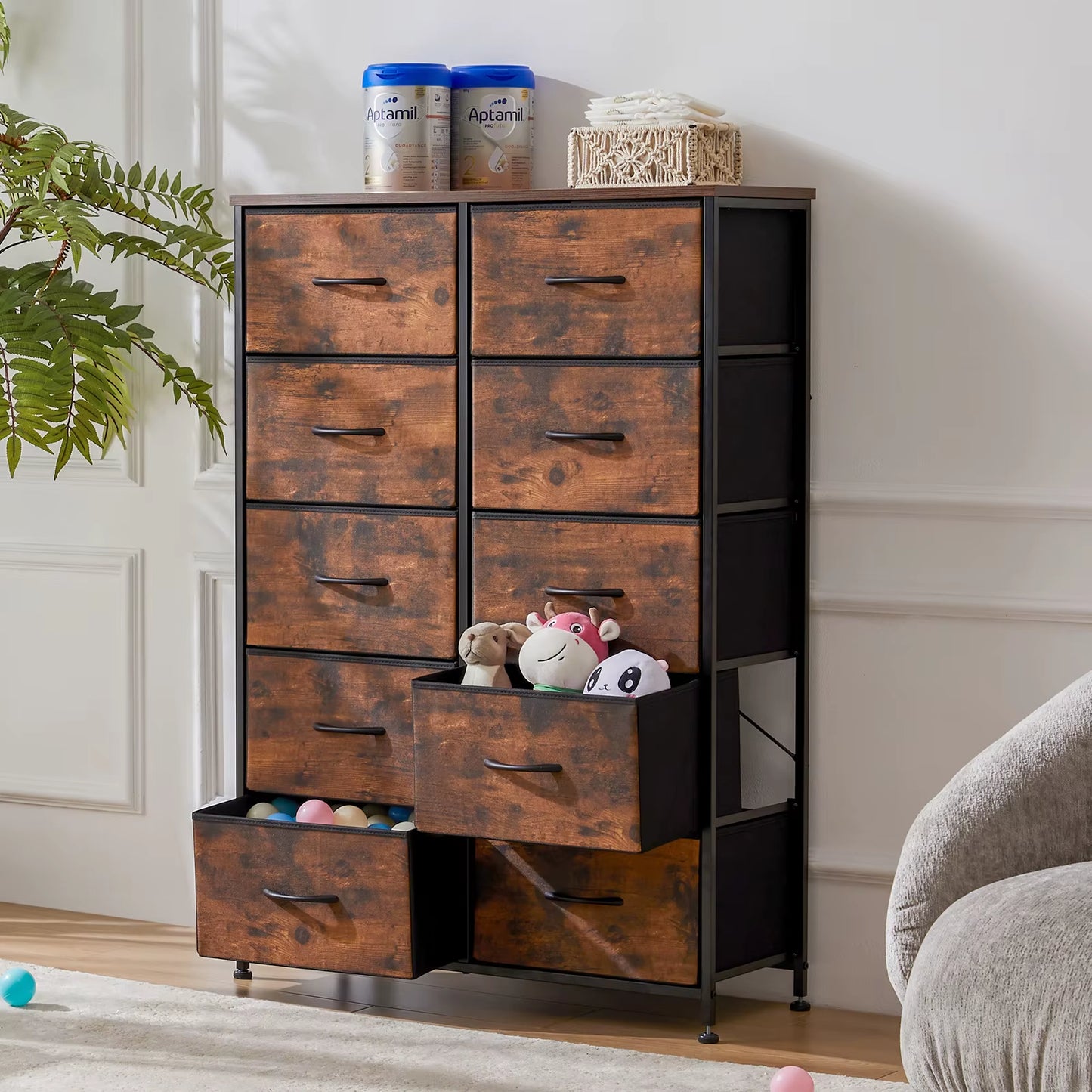 Bedside Table for Bedroom with 10 Fabric Drawers Wardrobe Steel Frame Closet for Storage Cabinet Living Room of Furniture