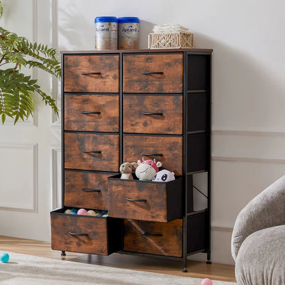Bedside Table for Bedroom with 10 Fabric Drawers Wardrobe Steel Frame Closet for Storage Cabinet Living Room of Furniture