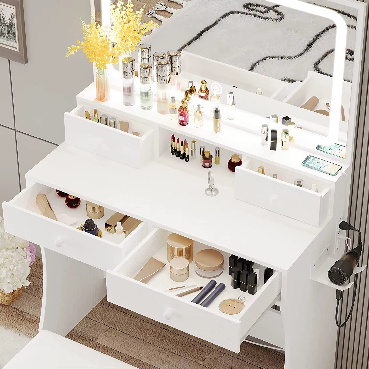 Vanity Desk with LED Lighted Mirror & Power Outlet, Dressing Makeup Table Set with Storage Stool and Hair Dryer Stand