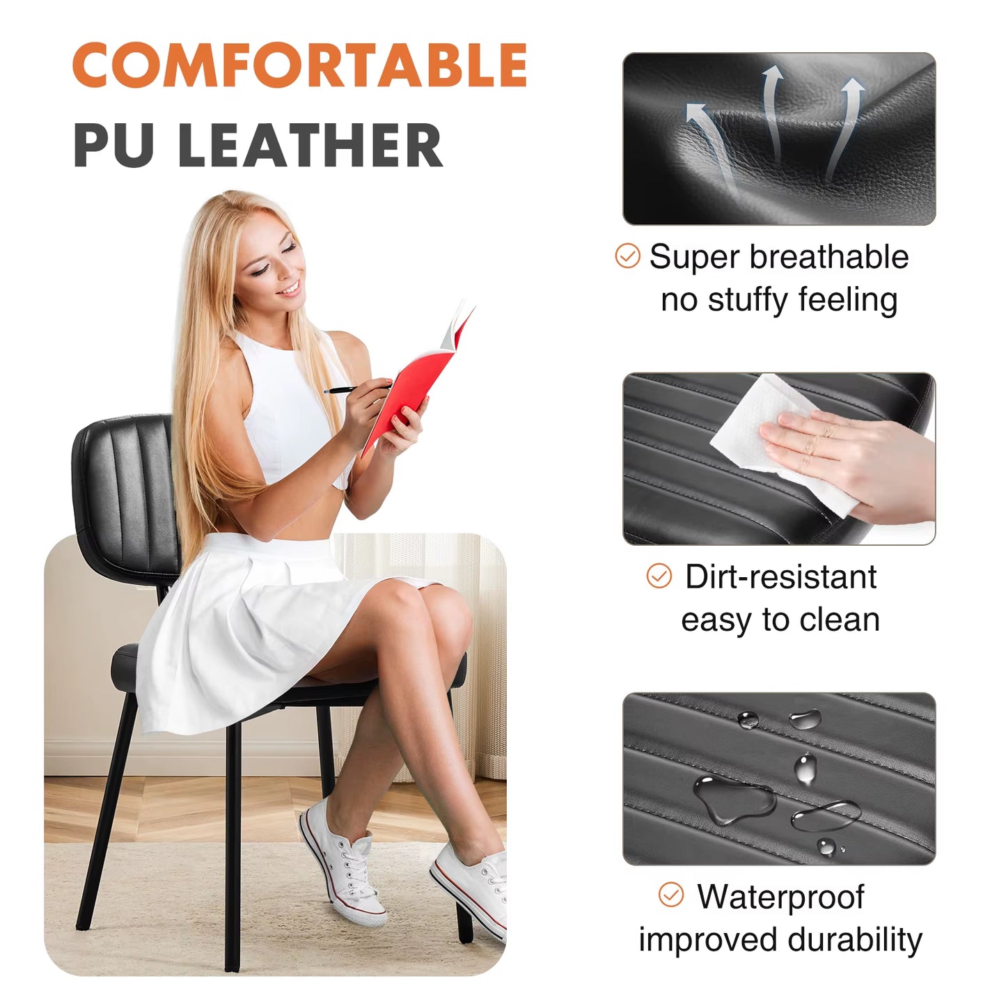 Dining Chairs Set of 2 Ergonomic Lumbar Support PU Leather Foam Sponge Cushion Seat and Metal Legs for Modern Kitchen