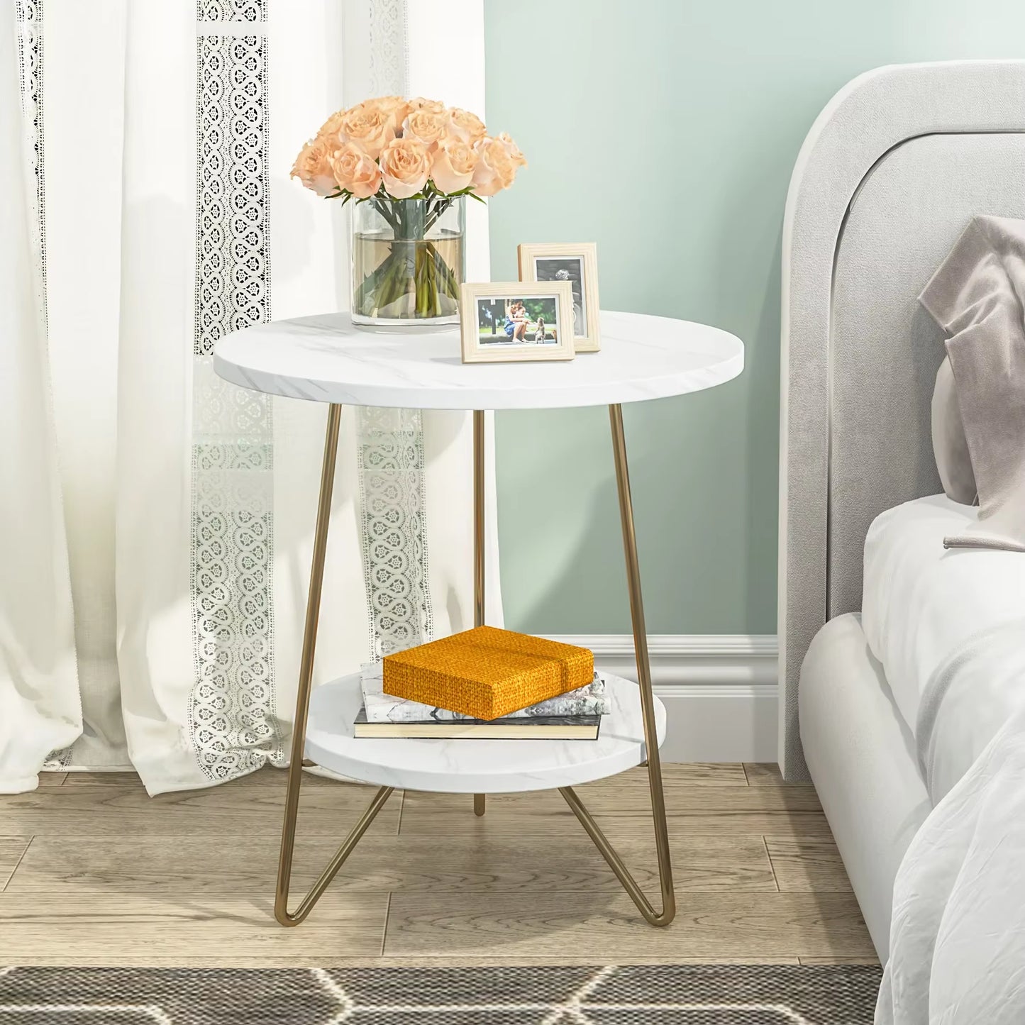 2 Tier Faux Marble End Table round Side Table with Shelves Small Coffee Accent Table for Living Room, White and Gold