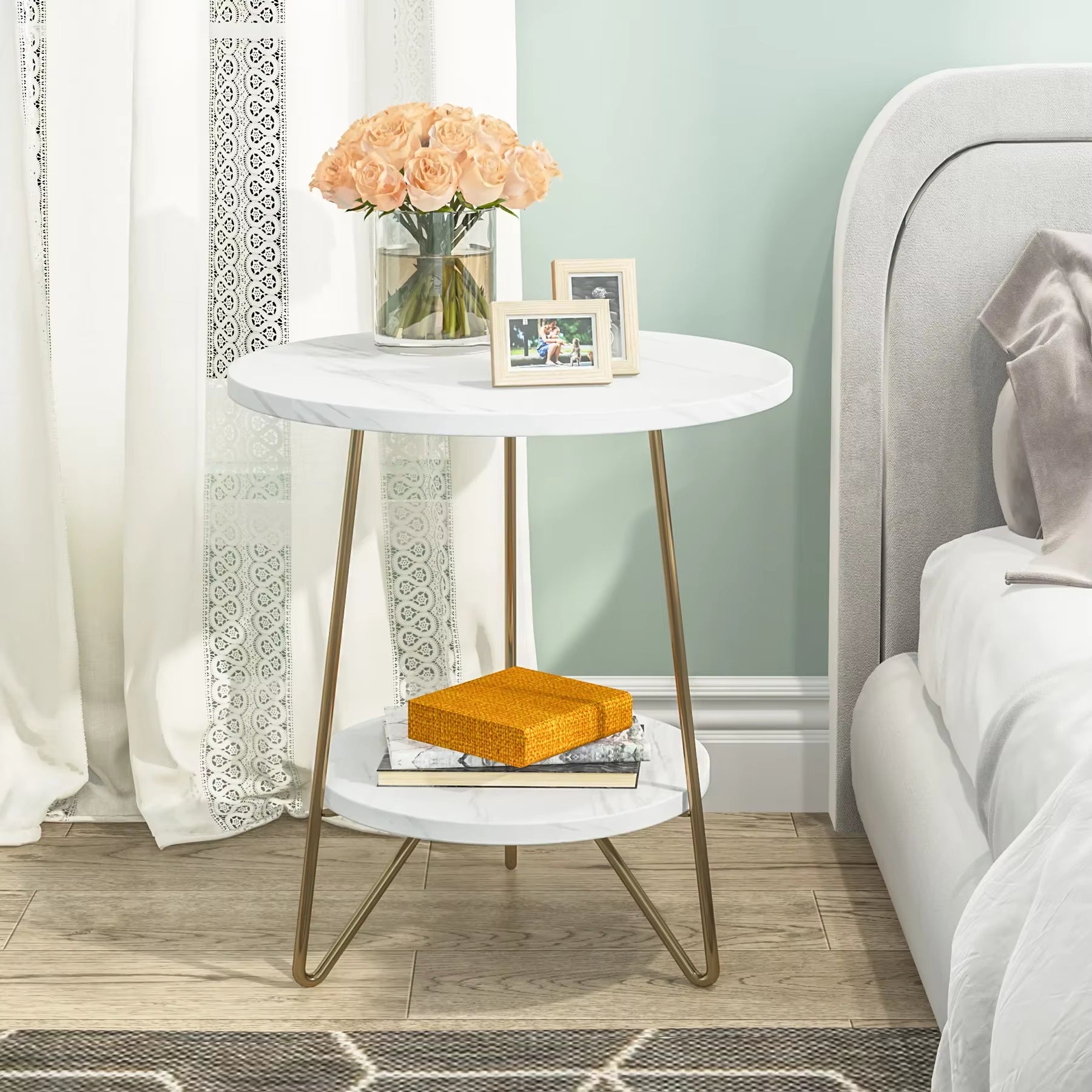 2 Tier Faux Marble End Table round Side Table with Shelves Small Coffee Accent Table for Living Room, White and Gold