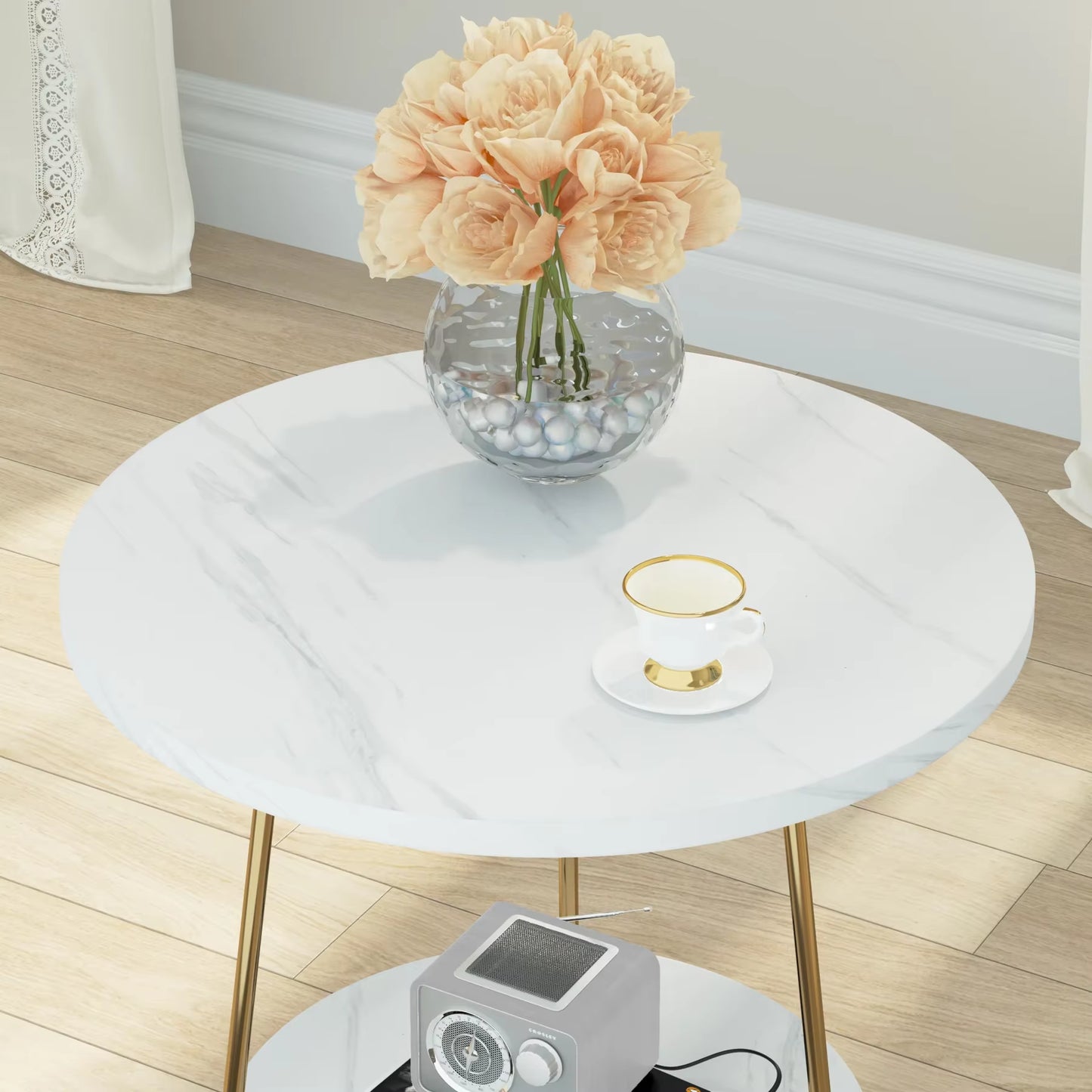 2 Tier Faux Marble End Table round Side Table with Shelves Small Coffee Accent Table for Living Room, White and Gold