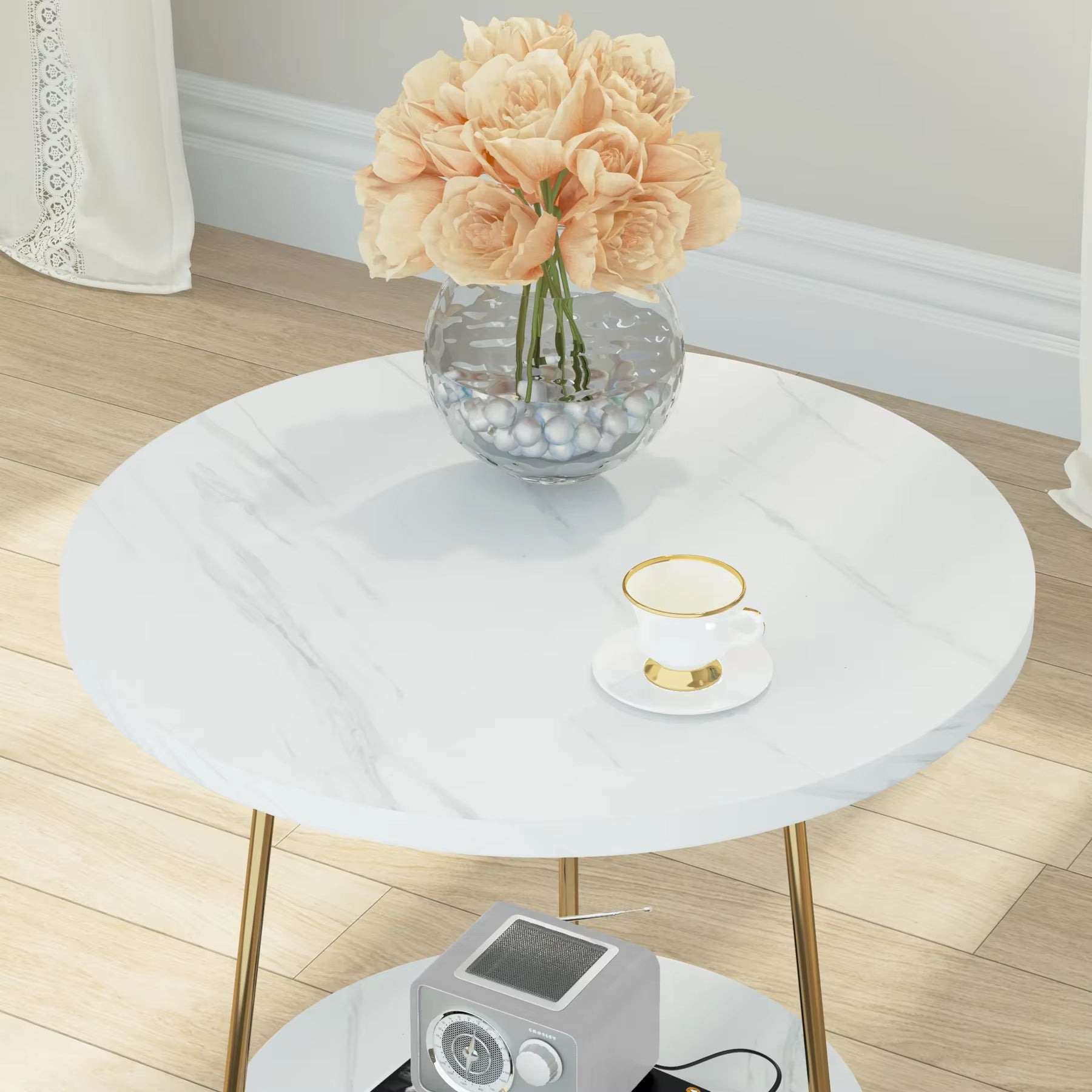 2 Tier Faux Marble End Table round Side Table with Shelves Small Coffee Accent Table for Living Room, White and Gold