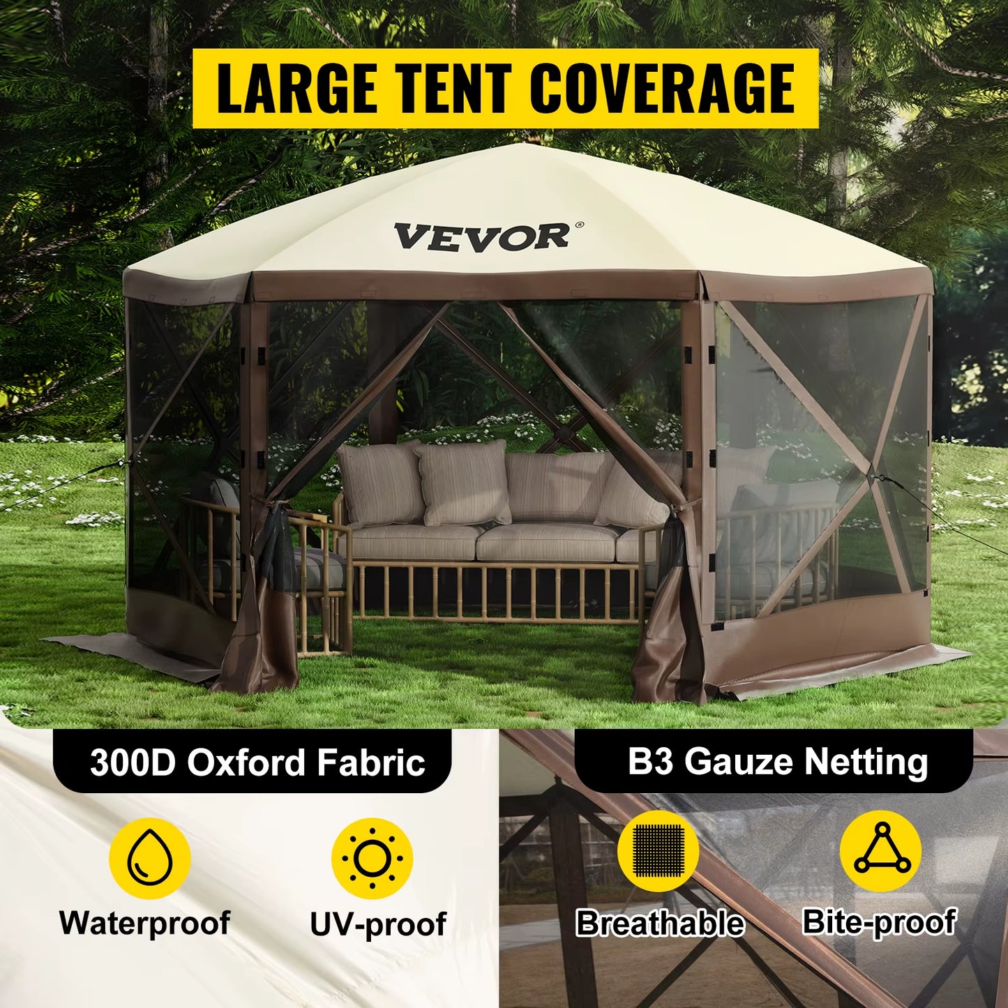 Succebuy Pop-Up Camping Gazebo Camping Canopy Shelter 6 Sided 12' X 12' / 10' X 10' Sun Shade Tents & Canopies Camping & Hiking