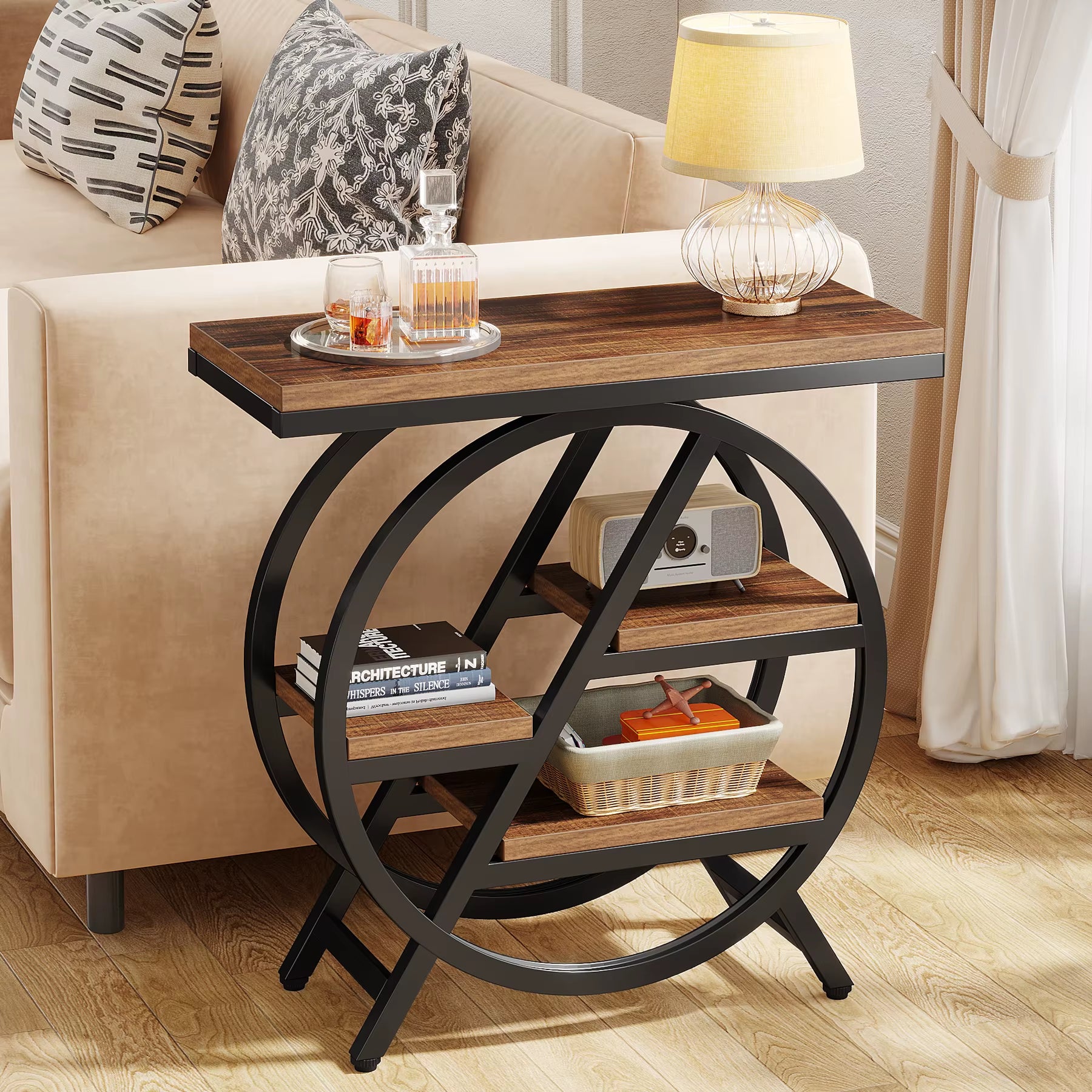 End Table for Living Room, 3-Tier Narrow Side Table with Storage, Wood Sofa Side Table with Geometric Metal Frame
