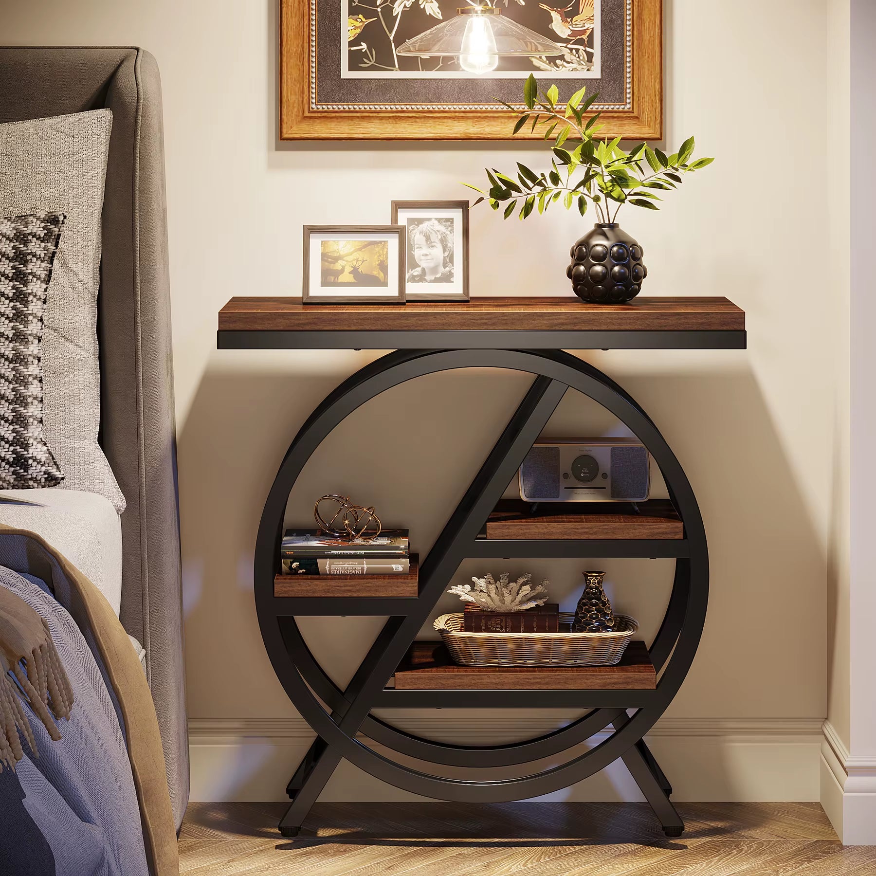 End Table for Living Room, 3-Tier Narrow Side Table with Storage, Wood Sofa Side Table with Geometric Metal Frame