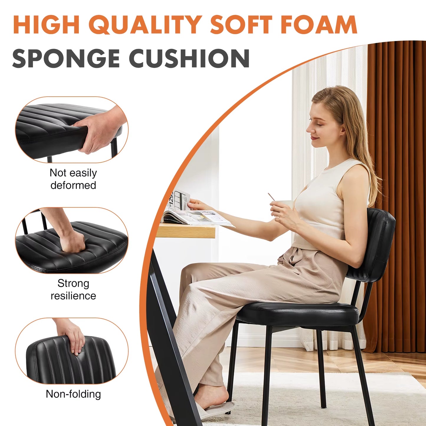 Dining Chairs Set of 2 Ergonomic Lumbar Support PU Leather Foam Sponge Cushion Seat and Metal Legs for Modern Kitchen