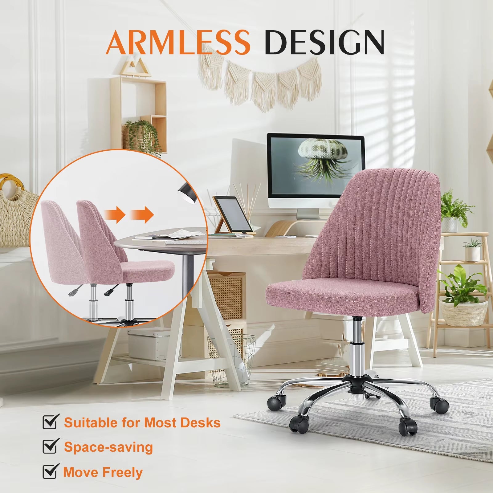 Armless Small Desk Office Chair Cute Vanity Swivel Chair with Back Modern Fabric with Wheels Swivel Task Home Gaming Chair