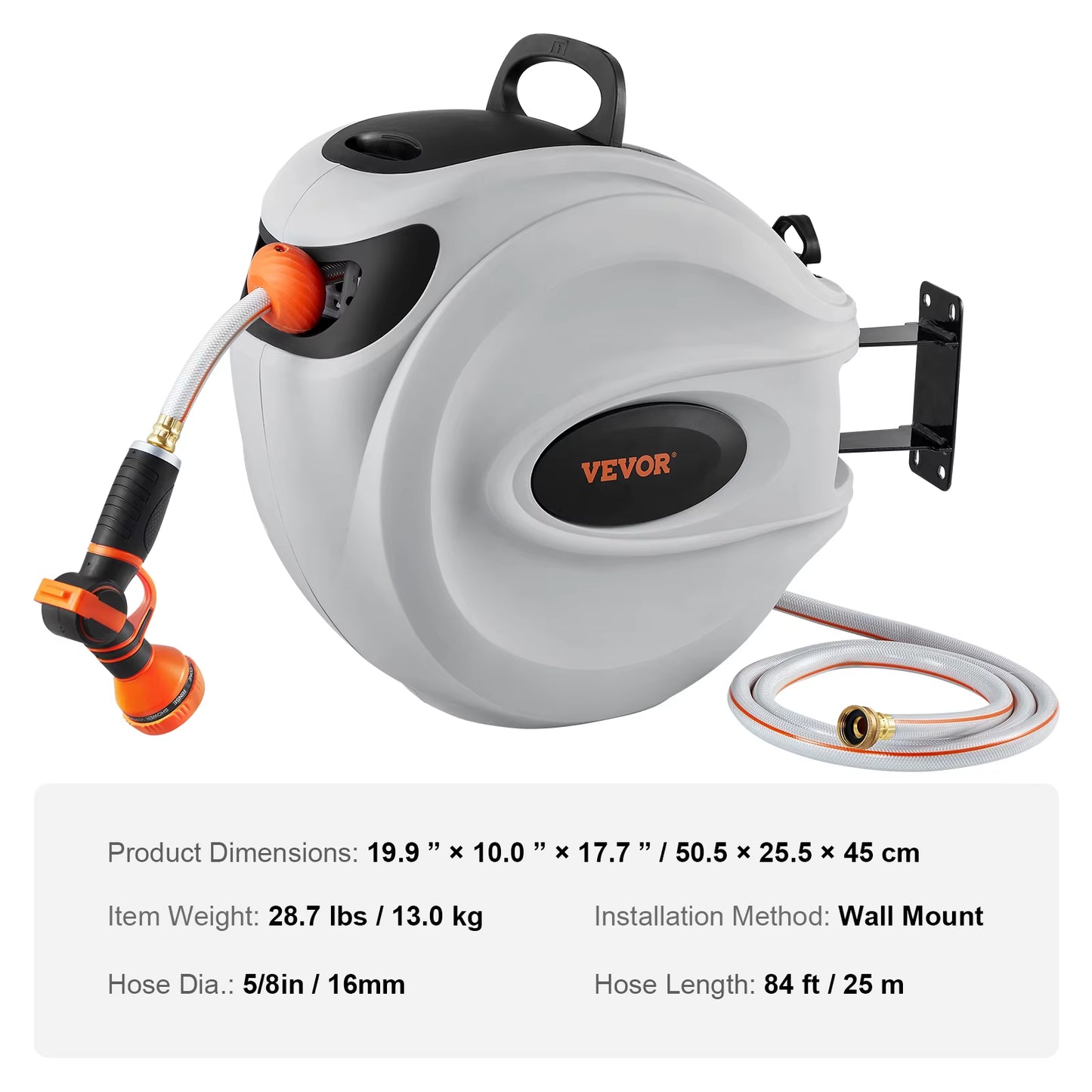 Succebuy Retractable Hose Reel 180° Swivel Bracket Wall-Mounted Garden Water Hose Reel with 9-Pattern Nozzle Automatic Rewind