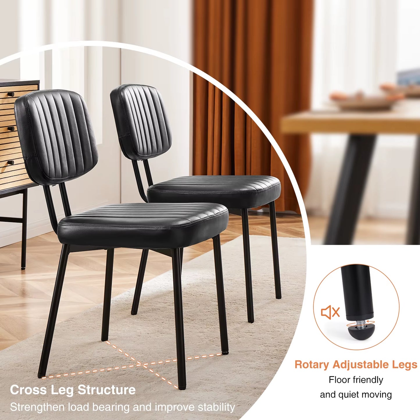 Dining Chairs Set of 2 Ergonomic Lumbar Support PU Leather Foam Sponge Cushion Seat and Metal Legs for Modern Kitchen