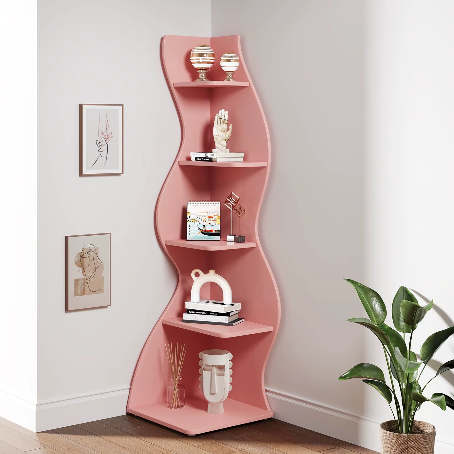Corner Shelf, Modern 5-Tier Wall Corner Bookshelf, Stylish Corner Small Bookcase Storage Rack Plant Stand