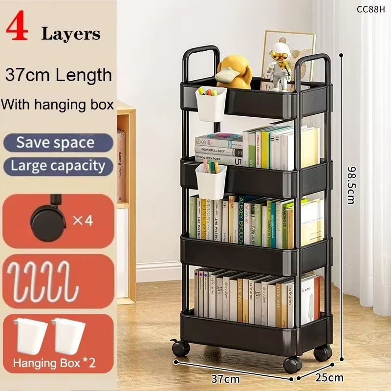 Bookshelf Storage Trolley Mobile Kitchen Organizer Cart with Wheels save Space Household Shelves Bedroom Snacks Storage Rack