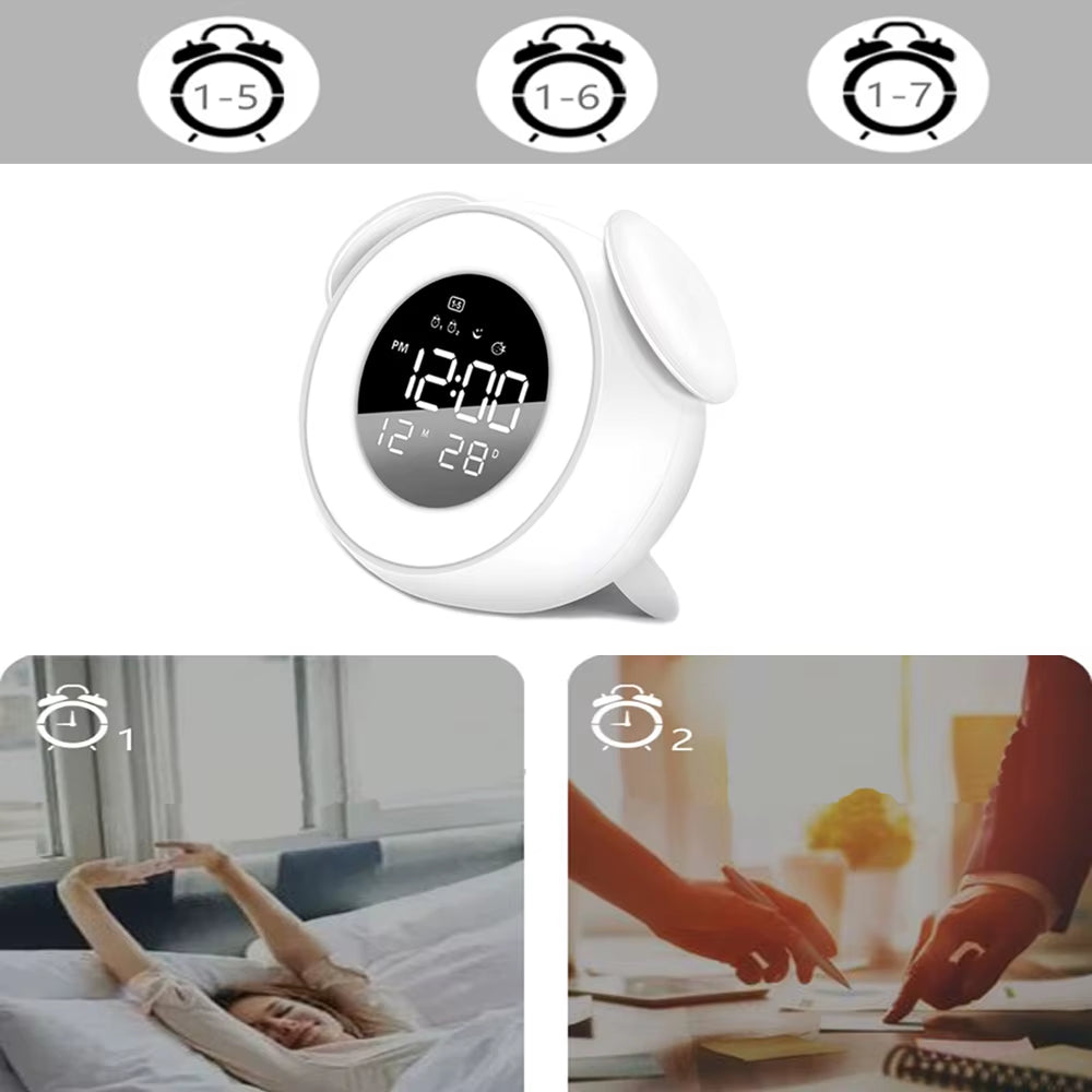 Rechargeable Awakening Digital Alarm Clock with Sunrise Sunset Light Simulation and Colorful Atmosphere LED Lighting Effects