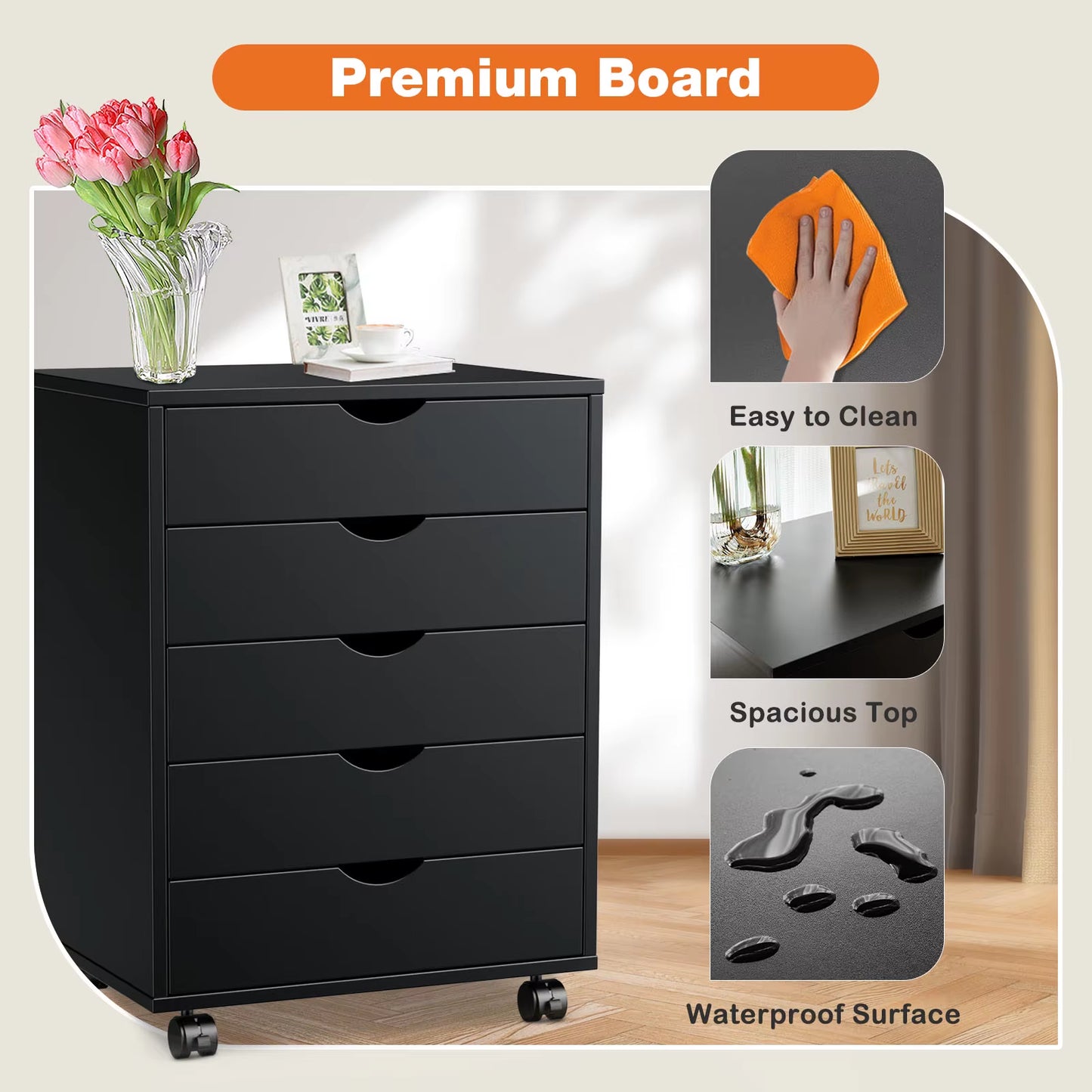 Wood Nightstand Cabinet 5 Drawers Waterproof Surface Storage Organizer File Office Easy to Move Bedside Table Rotating Wheel