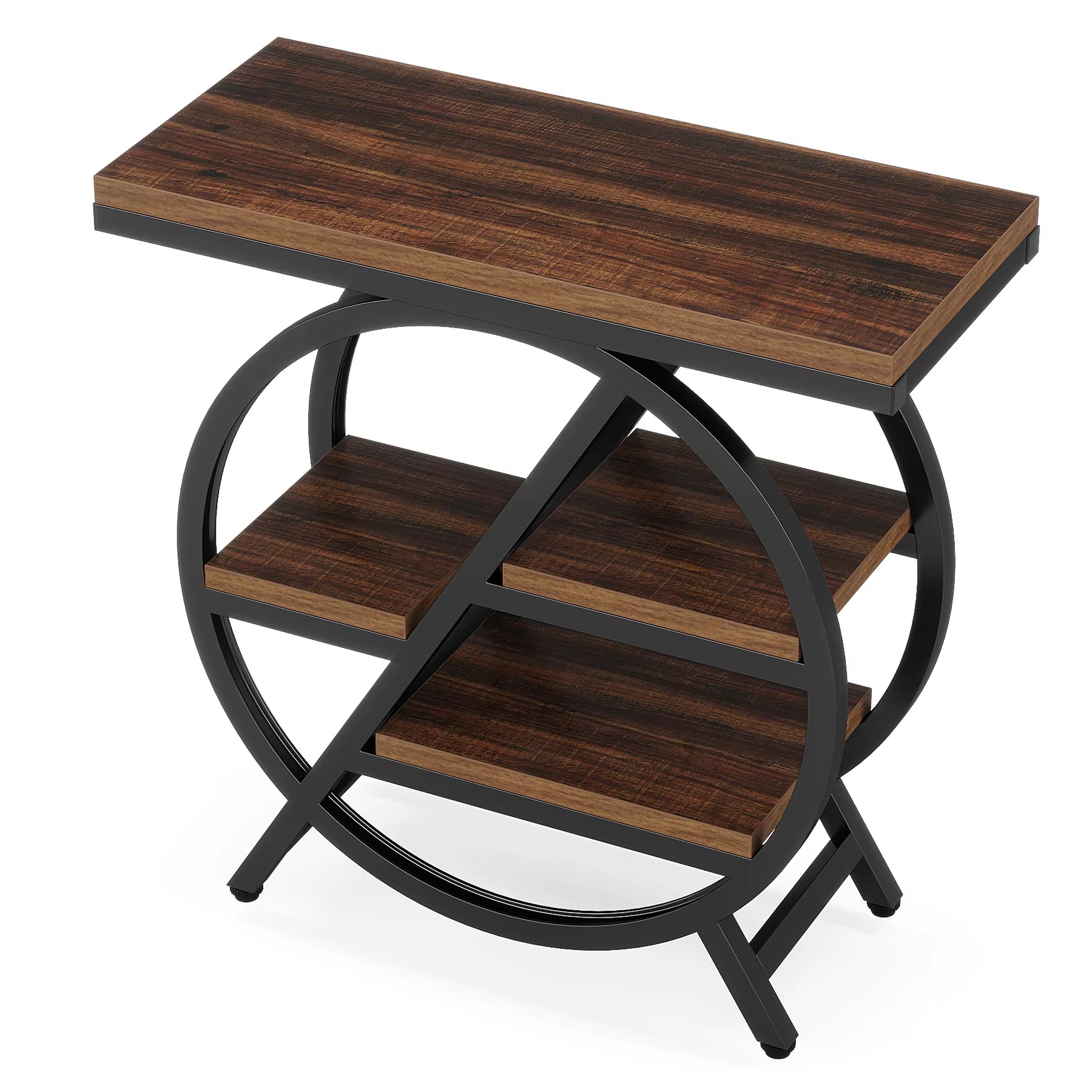 End Table for Living Room, 3-Tier Narrow Side Table with Storage, Wood Sofa Side Table with Geometric Metal Frame